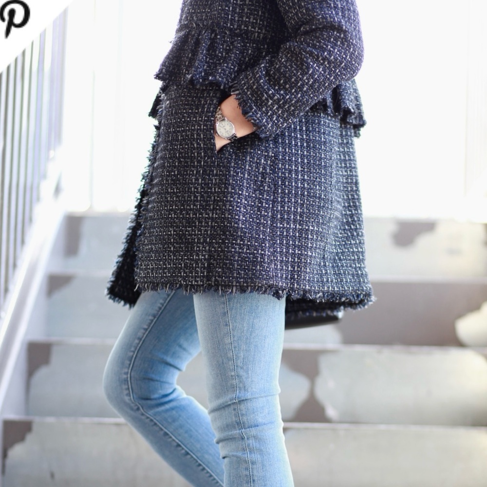 Ann Taylor navy blue metallic tweed ruffle jacket - Picture 4 of 13